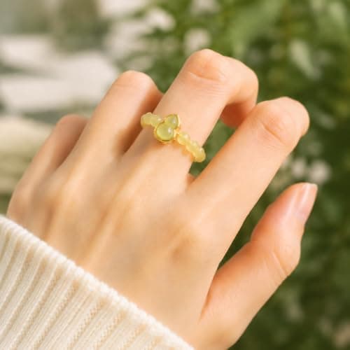ANNIE WU Yellow Jade Ring for Women, Natural Hetian Jade Beaded - Thumbnail 3