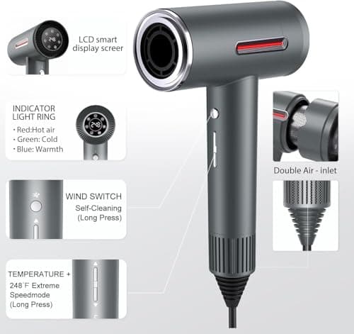 Hyper-Speed Hair Dryer, 180,000 RPM Brushless Motor for 1min Fast Drying, Dual Voltage Travel Blow Dryer with Diffuser & Concentrator, 600M Negative Ions for Frizz-Free Shine, HD Screen, Gunmetal - Thumbnail 4
