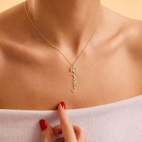 coobopet Custom Name Necklace with Birth Flower Customized 14K Gold Name Plate Floral Pendant Necklaces Personalized Jewelry Bridesmaids Wedding Christmas Birthday Gift for Women - Thumbnail 2