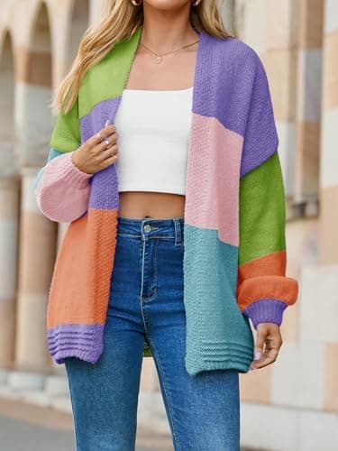 Saodimallsu Womens Boho Cardigans Colorful Long Sleeve Cardigan Open Front Sweaters Chunky Knit Coats Loose Fit 2026 Lake Blue - Thumbnail 4
