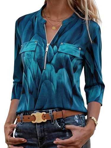 Tunic Tops for Women Loose Fit Dressy Business Casual Work Office Formal Elegant 3/4 Sleeve Long Straight Cut Silk Zipper Blouses with Leggings Trip Travel Vacation Going Out Date Night Evening Tops - Image 1