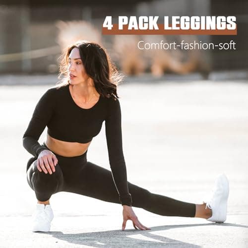 SINOPHANT 4 Pack Leggings for Women - Full Length Capri Buttery Soft High Waisted Yoga Pants for Athletic Workout Sports Black/Grey/Navy/ArmyGreen S-M - Thumbnail 4