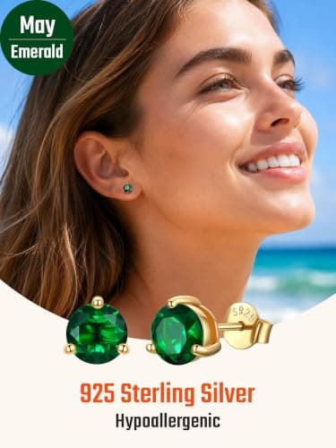 Justbeingcute Emerald Green Earrings For Women 6.5mm May Emerald Stud Green CZ 925 Sterling Silver Gold Plated Hypoallergenic Classic 1ct Studs Great Birthday Gift for Wife/Mom/Grandma - Thumbnail 5