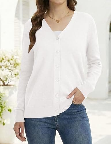 LaGracia Cardigan Sweaters for Women Long Sleeve V-Neck Wool Blend Lightweight Button Sweater Spring Tops White L - Thumbnail 2