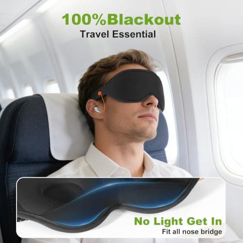 3D Contoured Sleep Mask with Earplug Retainer Cord,100% Pressure-Free & Total Light Blocking Eye Mask with Adjustable Strap. Ideal for Sleep Earplug User, Airplane Travel, Meditation Black - Thumbnail 4