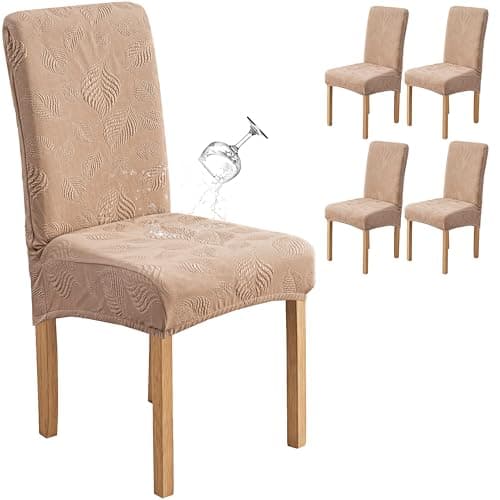 Genina Waterproof Dining Chair Covers Set of 4,Stretch Dining Room Chair Slipcovers with Leaf Jacquard,Removable Kitchen Chair Protector for Home,Restaurant,Banquet-Khaki