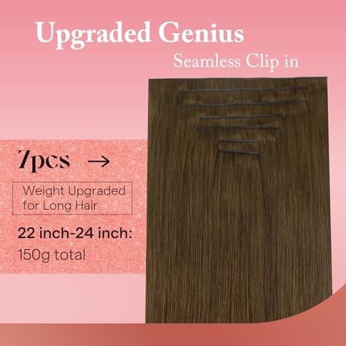 Ve Sunny Brown Hair Extensions Clip ins Human Hair Invisible Seamless Real Hair Extensions Genius Human Hair Clip in Extensions Full Head 20 inch 120g - Thumbnail 3