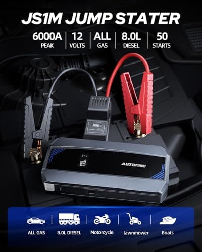 AUTOONE Car Jump Starter 6000A Battery Booster, Portable Battery Pack for All Gas 10L Diesel, 12V Jump Box with Smart Jumper Cable for Car Battery, Vehicle Lithium Starter, LCD Display, w/LED Light - Thumbnail 2