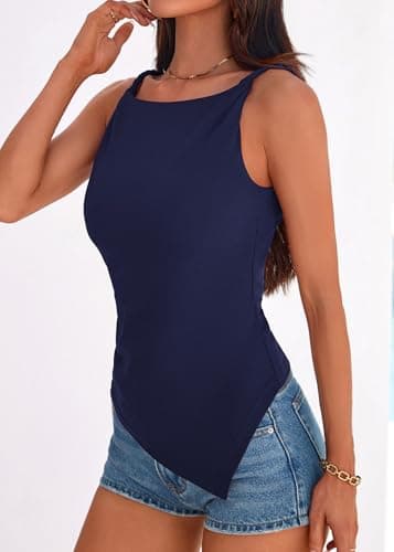 KIRUNDO Going Out Tops for Women 2026 Summer Twist Straps Asymmetrical Ruched Tank Top Slim Fit Sleeveless Shirts Y2K Clothes(Navy Blue, X-Large) - Thumbnail 5