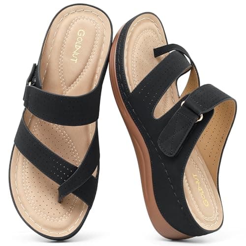 Goldnut Thong Sandals for Women Wedge Shoes: Comfortable Dressy Sandals Arch Support Summer Flip Flops Wedges Black Size 7.5 - Image 1