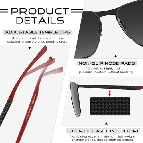 SIPLION Polarized Sunglasses for Men for Driving, UV Protection Carbon Fiber Frame Lightweight 2.0 Lenses for Fishing 8222 red - Thumbnail 6