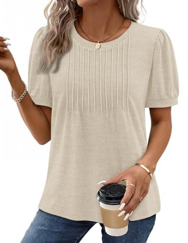 XIEERDUO Plus Size Spring Clothes for Women Spring Tops Short Sleeve for Women Pleated Shirts Blouses Dressy Causual Spring Outfits Fashion Clothing 2026 Apricot XXL - Thumbnail 2