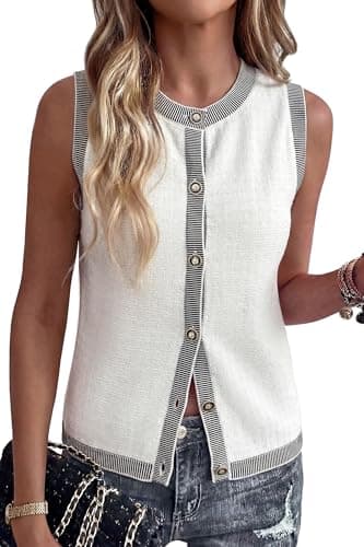Arach&Cloz Spring Women's Cotton Crewneck Button Sweater Vests Tops 2026 Summer Business Casual Outfits Dressy Trendy Easter Sleeveless Old Money Tank Clothing Fashion Cardigan Clothes Beige L - Image 1