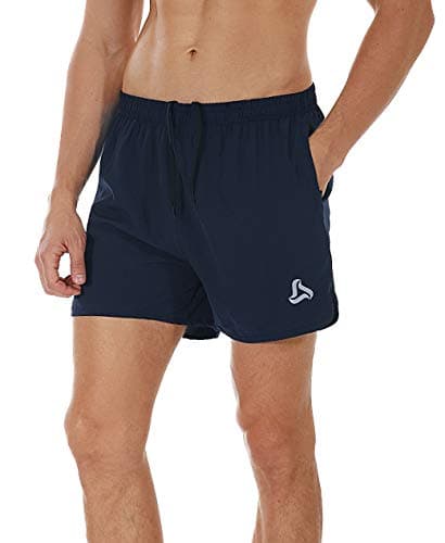 SILKWORLD Men's Running Stretch Quick Dry Shorts with Zipper Pockets, Black,Dark Navy(Pack of 2), Medium - Thumbnail 2