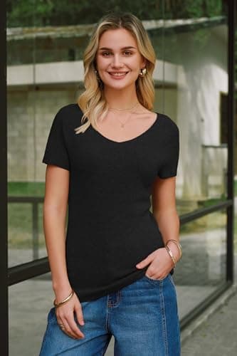Arach&Cloz Women's 2026 Wool Blend Spring Summer Tops V Neck Short Sleeve Sweater Shirts Pullover Lightweight Soft Cozy Slim Fit Cashmere Stretchy Business Casual Outfits Work Tops Trendy Black L - Thumbnail 2