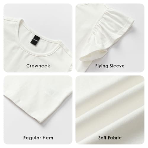 MIANZHI Girls Summer Shirts Kids Striped Ruffle Sleeve T Shirts Crew Neck Casual Tops Cute Short Sleeve Tees 5-14 Years Beige - Thumbnail 5
