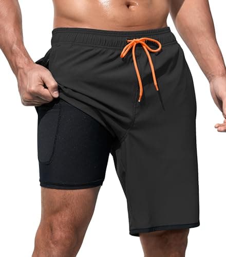 MOANOK Mens Swim Trunks with Compression Liner 9 Inch Quick Dry Bathing Suit Board Shorts with Zipper Pockets, A-Black, 34 - Image 1