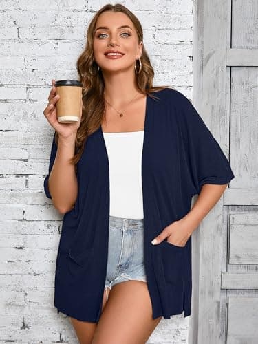 AusLook Plus Size Navy Blue Cardigan for Women 5X Short Sleeve Lightweight Open Front Shrug with Pockets for Dresses and Layering - Thumbnail 3