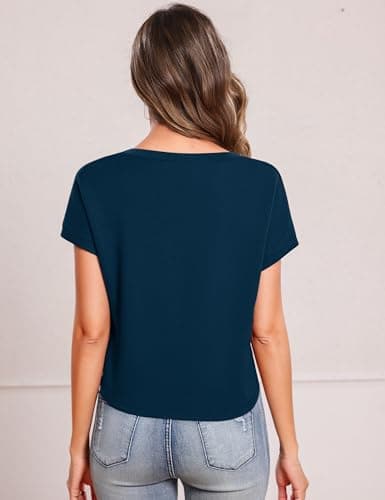 Totatuit Women Cute Cap Sleeve Cropped Tee V Neck Casual Business T-Shirts Waist Length Loose Fit Plain Summer Tops 2026 Fashion Clothes Navy Blue X-Large - Thumbnail 4
