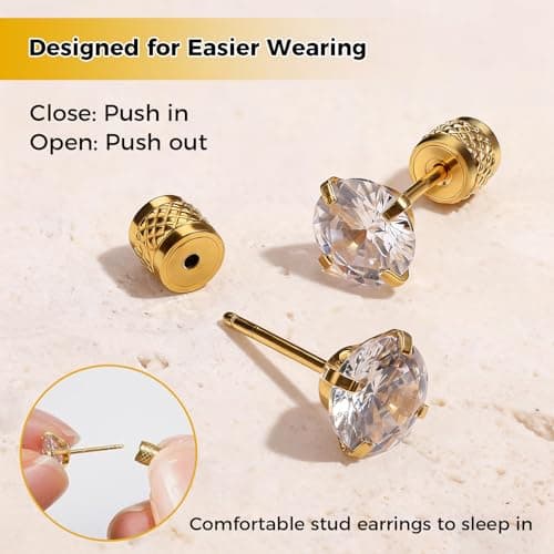 Hypoallergenic Threadless Flat Back Earrings,1 Pairs Cartilage Stud for Women Men Titanium Post 20G None Screw Easy Push in Gold Black Stainless Steel Flatback with CZ 3-7mm (Gold+Clear CZ, 5mm) - Thumbnail 6