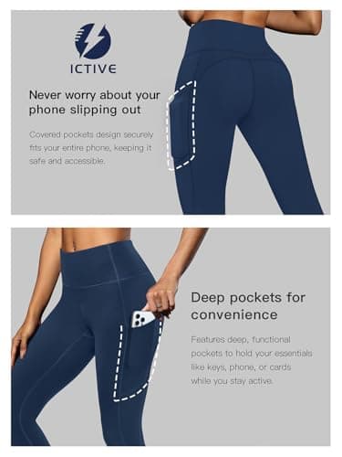 Fihapyli ICTIVE Women's Capris Yoga Pants with Pockets Running Pilates Fitness Running High Waisted Leggings DarkBlue L - Thumbnail 5