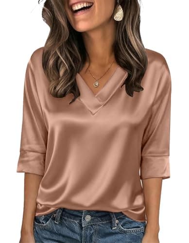 Bakoliza Summer Outfits for Women 3/4 Sleeve Womens Tops Women Silk Satin Blouse V Neck Blouses Light Coffee - Image 1