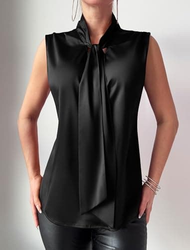 ZAFUL Women's Silk Satin Tank Tops Bow Tie Knot Mock Neck Casual Sleeveless Blouses Summer Basic Tanks Shirt Black S - Thumbnail 5