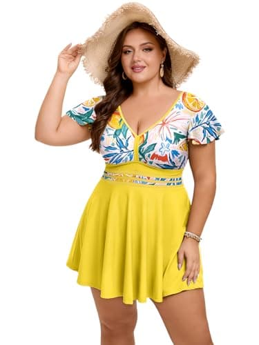 Arolina Women's Plus Size Tankini Swimsuits Swim Dress Tummy Control Bathing Suits Yellow - Thumbnail 4