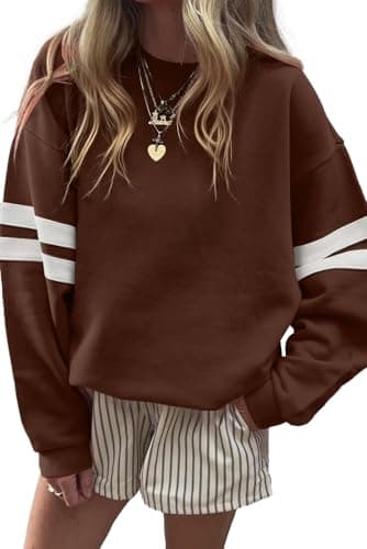 KevaMolly Women Varsity Striped Drop Shoulder Sweatshirt Coffee S - Image 1