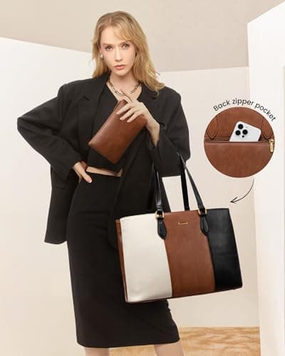 LOVEVOOK Laptop Bag for Women, 15.6 Inch Waterproof Vintage PU Leather Large Tote Bag with Wristlet, Professional Work Tote for Teacher,Office, Daily - Thumbnail 2