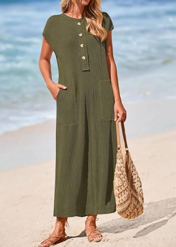 KIRUNDO Womens Summer Dresses 2026 Spring Ribbed Knit Henley Short Sleeve Maxi Dress Button Up Loose Beach Vacation Sundress(Army Green, Small) - Thumbnail 5