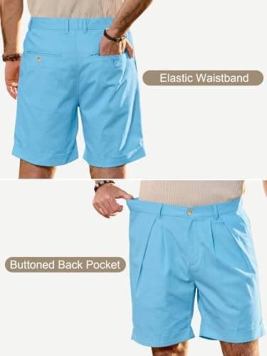 JEMLDL Men's Cotton Linen Shorts 7" Casual Pleated Summer Vacation Beach Coastal Nautical Elastic Waist Sky Blue Shorts with Pockets Medium - Thumbnail 4