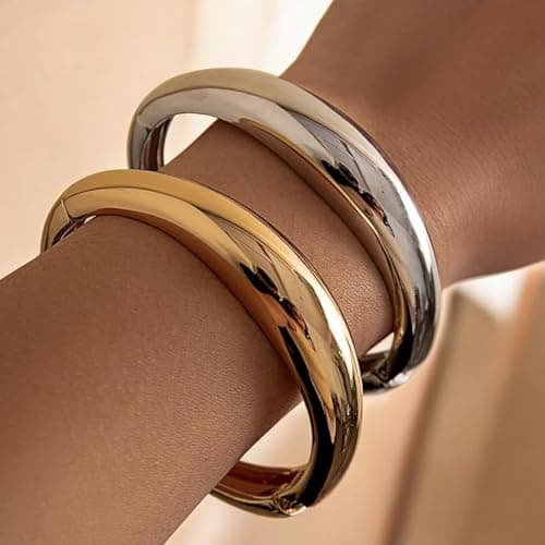 Gold Silver Chunky Bangles Bracelet for Women Trendy, 14K Gold Plated 2 Pcs Dainty Thick Cuff Bracelet Stack - Thumbnail 3