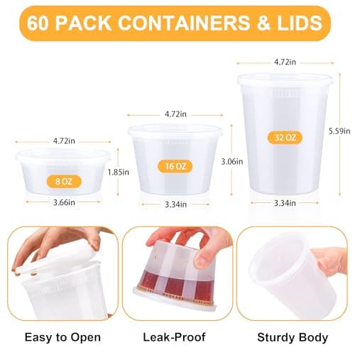 BYSNOW 60 Sets Deli Containers with Lids, 32/16/8 oz X 20 Set Each, Leak-Proof & BPA Free Airtight Stackable Takeout Plastic Food Storage Containers, Freezer/Microwave/Dishwasher Safe - Thumbnail 2
