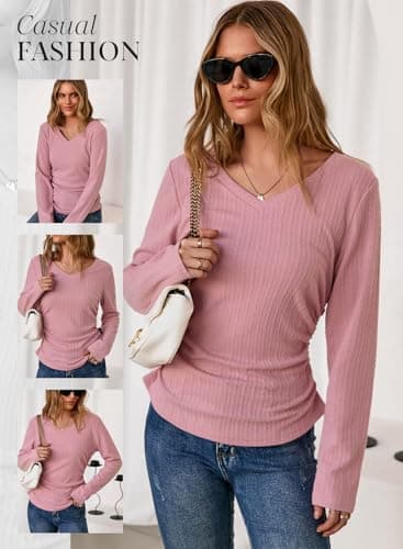 Dokotoo School Outfits for Teachers Tops for Women Comfy Spring Clothes 2026 Casual Loose V Neck Long Sleeve T Shirts Soft Knit Solid Business Pullover Tunics Shirts Side Ruched Fitted Blouses Pink L - Thumbnail 4