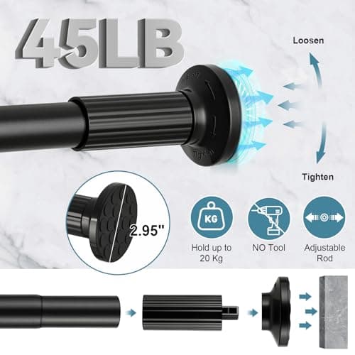ZOCONE Tension Curtain Rod 51-128 In (4.25-10.5Ft), Shower Curtain Rod No Drilling for Bathroom, Outdoor Curtain Rods for Patio, Adjustable Spring Shower Rod Room Divider Closet Rod, Never Rust, Black - Thumbnail 5
