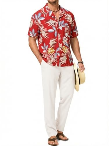 JMIERR Men 2 Piece Outfit Tropical Floral Shirt Short Sleeve Hawaiian Beach Button Down Shirt Casual Loose Pant Sets - Image 1