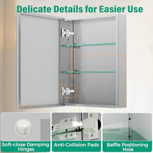 HABIUBIU 20 x 26 in Medicine Cabinet Mirror,Bathroom Mirror Cabinet with Adjustable Shelves,Aluminum Silver Medicine Cabinets for Bathroom,Recessed or Wall Mounted Medicine Cabinets（Assembly Required - Thumbnail 3