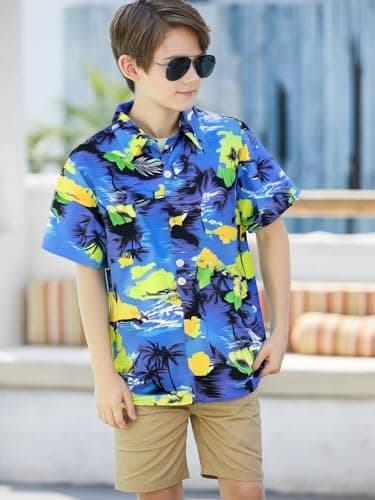 tagyum Boys Hawaiian Shirt 11Y 12Y Short Sleeve Boys Button Down Shirt Beach Casual Summer Print Top T-Shirt for Kids Light Blue - Thumbnail 3