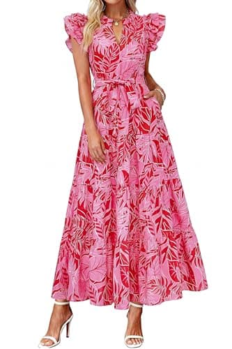 dowerme Women Summer Maxi Dresses 2026 Ruffle Sleeve V Neck Floral Boho Long Dress Belted Tiered Sundress with Pockets(Red Pink Floral,XX-Large) - Image 1