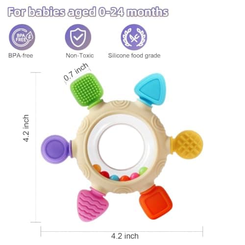 VTECHOLOGY Baby Teething Rings Toys for 0-6 6-12 Months Baby Rattle Teether Sensory Toys for Babies 0-24Months Silicone Teether Relief Chew Soothing Sore Gums for Newborn Infant Essentials BPA Free - Thumbnail 3