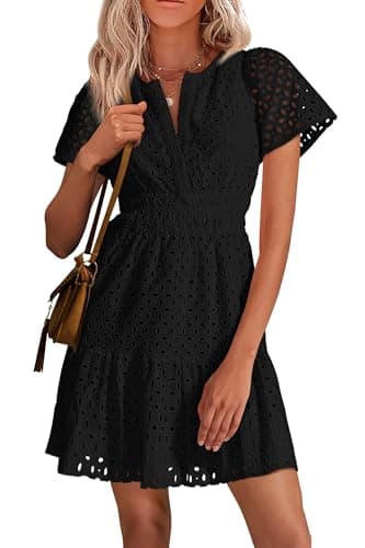 PRETTYGARDEN Womens 2025 Summer Short Dress V Neck Short Sleeve A Line Hollow Out Lace Ruffle Cute Casual Beach Party Dresses (Black,Medium) - Image 1