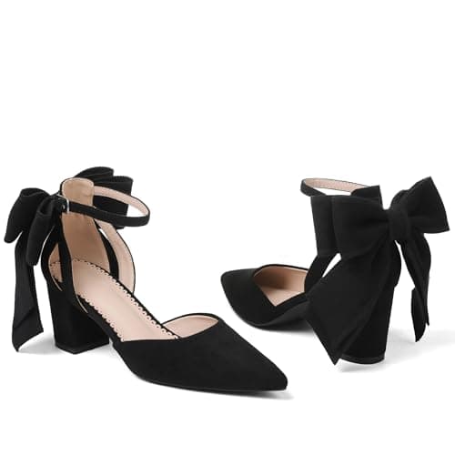 Yremael Women's Black Pointed Toe Pumps Bow Ankle Strap Chunky High Heels Dress Wedding Shoes - Thumbnail 6