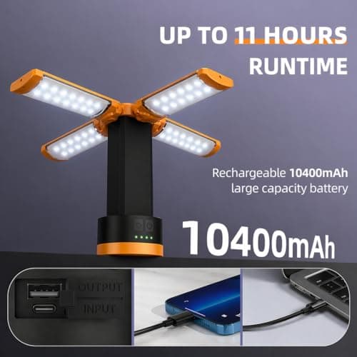 T-SUN Rechargeable Camping Light with Stand, 10400mAh LED Work Light 4100 Lumens with 4 LED Lamp Heads, Portable Work Light with Detachable Tripod 67" Max Height (Orange) - Thumbnail 3