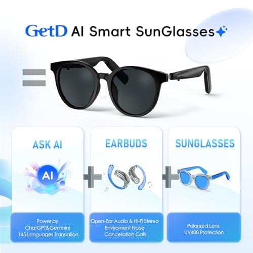 GetD AI Smart Glasses for Men and Women, Low Bridge Fit, 74-Language Real-Time Translator Powered by ChatGPT - Bluetooth 5.4 with 11H Playtime, Polarized Sunglasses for Travel, Driving, Daily Use - Thumbnail 3
