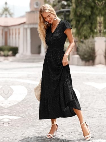 PRETTYGARDEN Womens 2026 Spring Swiss Dot Maxi Dress Short Sleeve V Neck Smocked Waist Ruffle Tiered Flowy Long Party Dresses(Black, Large) - Thumbnail 4