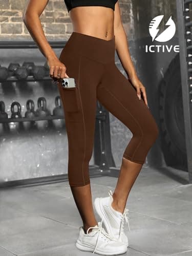 ICTIVE Women's Capris Yoga Pants with Pockets Crossover V Cross High Waisted Fitness Running Leggings Coffee S - Thumbnail 4