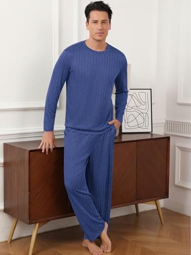 RQP Men's Pajama Sets Long Sleeve Crew Neck Lounge Set with Pockets,Dark Blue - Thumbnail 2