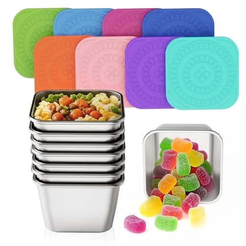 Kitlead Set of 8 Stainless Steel Snack Containers for Kids and Toddler;Snackle Box Container;Leak Proof Stackable Small Metal Food Containers with Silicone Lids - Image 1