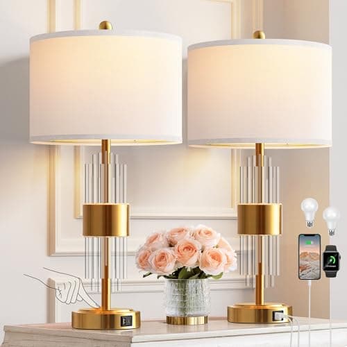 QiMH 25.5" Table Lamp Set of 2 with USB A+C Ports, Gold Lamp for Living Room with Touch Control, Modern Bedside Nightstand Lamp White Lamp Shade Bedroom Home Office Decor (2700K LED Bulbs Included) - Image 1